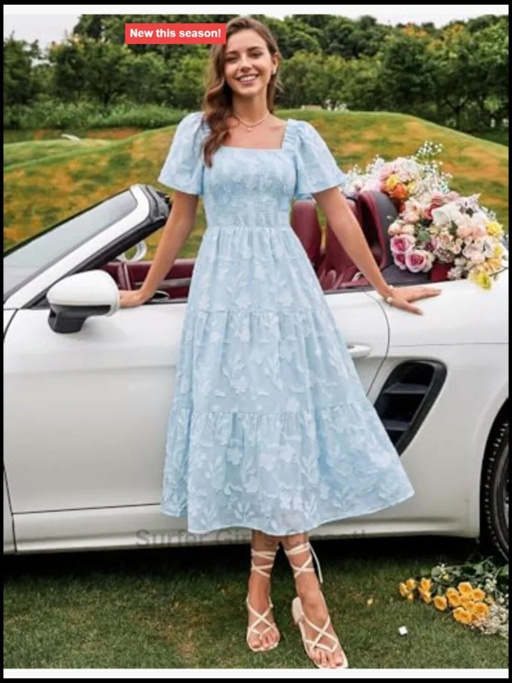 Boho Floral Midi Dress Square Neck Short Sleeve Flowy Wedding Guest Dress